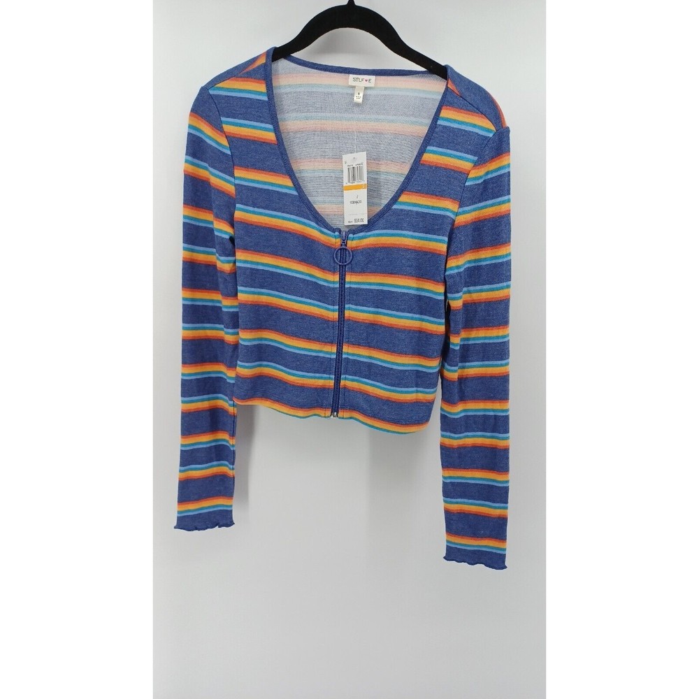 Self Esteem Junior's Striped Zip Front Crop Top Blue Size Small